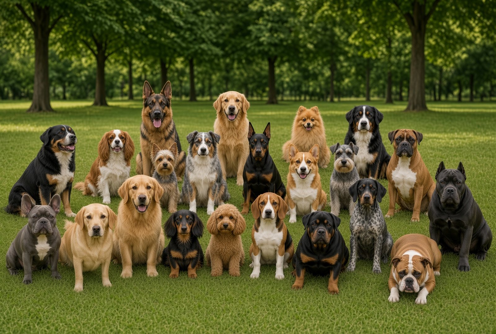 Twenty beloved dog breeds of every size sitting together on a park lawn